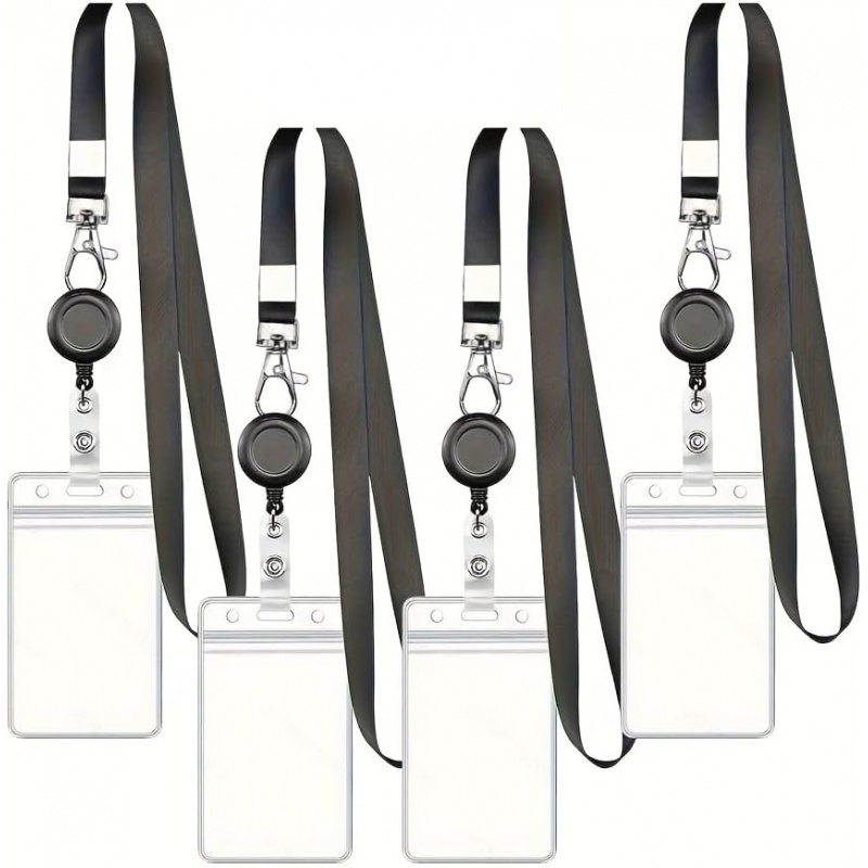 Lanyard Badge Holder - 4 adet kordon siyah geri çekilebilir