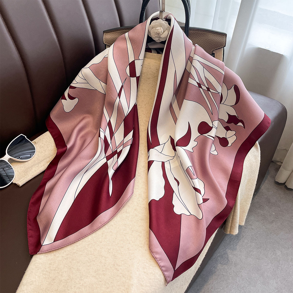 Ascot Neck Scarf - Lüks 90*90Cm Kare Eşarp, İpek Hissiyatlı